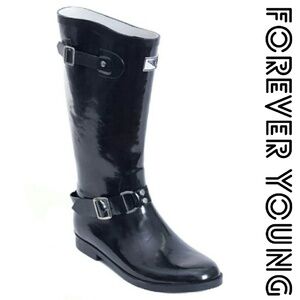 Women's Rainboots, Rubber Tall Rain Boots, RB-1537, Black